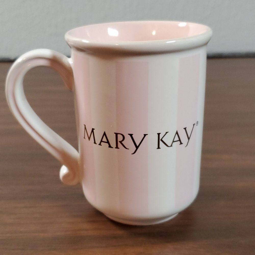 Mary Kay Gold Logo Pink and White‎ Striped Coffee Tea Cup Mug 8 Fl. Oz.